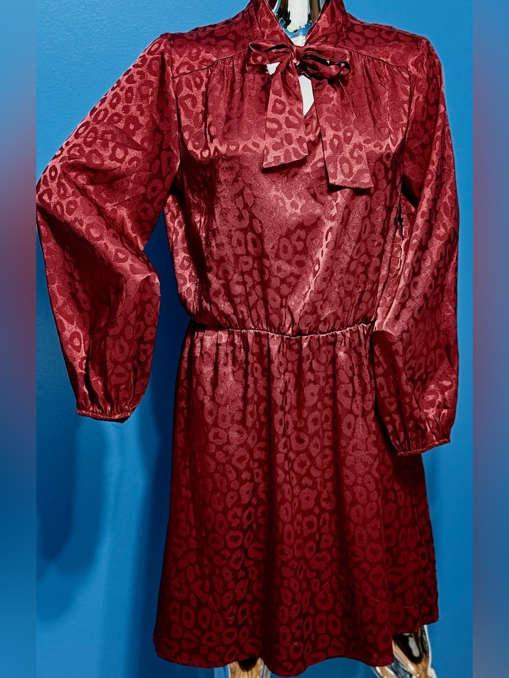 Tacera Burgundy Animal-Print Satin Tie-Neck Dress